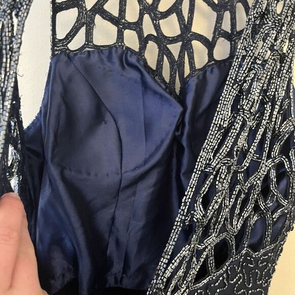 Scala Navy Blue Sleeveless Beaded Gown Maxi Long L Silk Women’s Formal Wedding - Picture 12 of 16